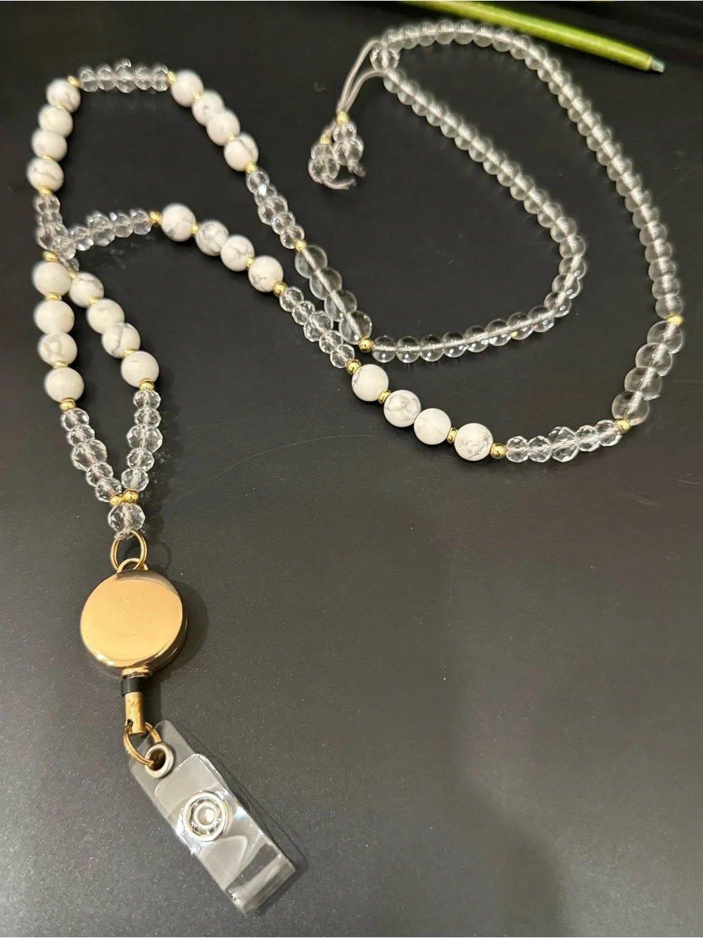Handmade Natural Stones And Crystals Beaded Lanyard w/ Retractable Badge Reel